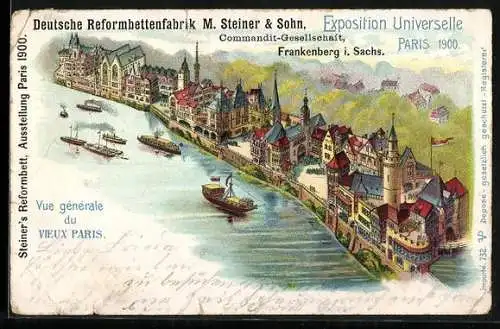 Lithographie Paris, Exposition Universelle 1900, Vue generale du Vieux Paris, Aufdruck Bettenfabrik M. Steiner & Sohn