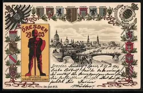 Lithographie Dresden, Deutsche Städte-Ausstellung 1903, Stadtansicht, Wappen verschiedener Städte, Ritter