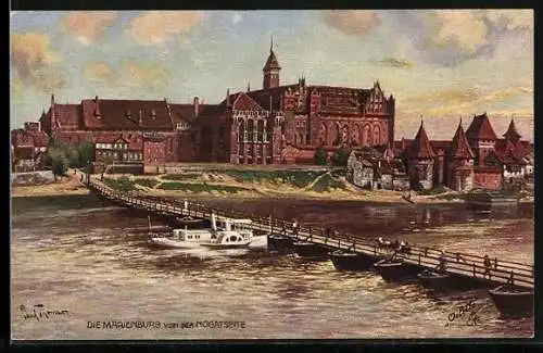 Künstler-AK Marienburg / Malbork, Pontonbrücke gegen Ordensburg