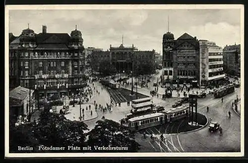 AK Berlin-Tiergarten, Blick auf den Potsdamer Platz mit Verkehrsturm, Strassenbahn