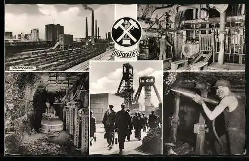 AK Ruhrgebiet, Ruhrzeche, Berarbeiter bei der Arbeit, Fördertürme, Kohlebergbau