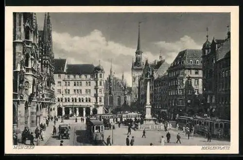 AK München, Marienplatz mit Gedenksäule, Strassenbahnen und Autos