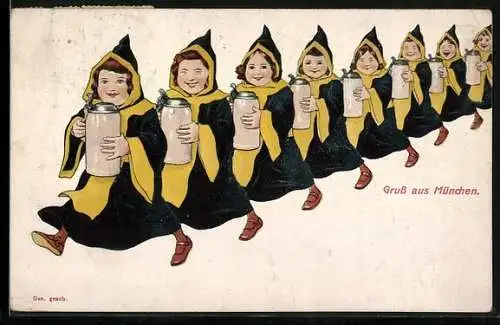 Künstler-AK P. O. Engelhard (P.O.E.): Münchner Kindl mit Bierkrug Gruss aus München und vom Oktoberfest!