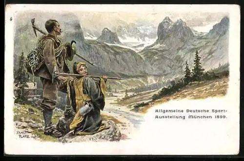 Künstler-AK Ernst Platz: München, Allgemeine Deutsche Sport-Ausstellung 1899, Bergsteiger, Münchener Kindl