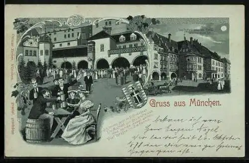 Lithographie München, Hofbräuhaus am Platzl in seiner neuen Art, Hofpartie