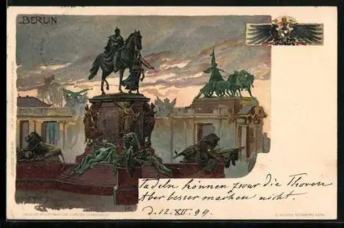 Künstler-AK Heinrich Kley: AK Berlin-Tiergarten, Denkmal und Brandenburger Tor