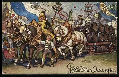 AK München, Oktoberfest, Münchner Kindl mit einem Bierwagen