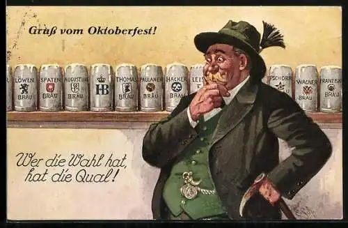 Künstler-AK Ernst Schlemo: Bayer vor einem Regal mit verschiedenen Biersorten