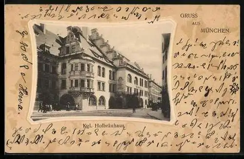AK München, Kgl. Münchner Hofbräuhaus mit Passanten