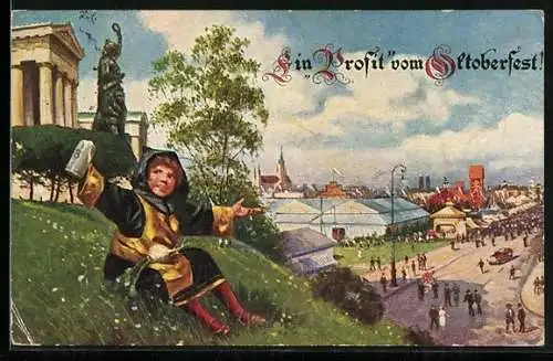 AK München, Oktoberfest, Münchener Kindl auf einem Hügel am Festgelände