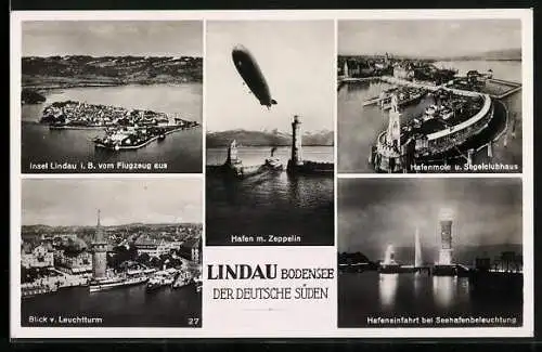 AK Lindau, Hafen mit einem Zeppelin, Hafenmole u. Segelclubhaus, Hafeneinfahrt bei Beleuchtung