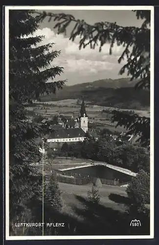AK Aflenz, Ortsansicht mit Wasserbassin aus der Vogelschau