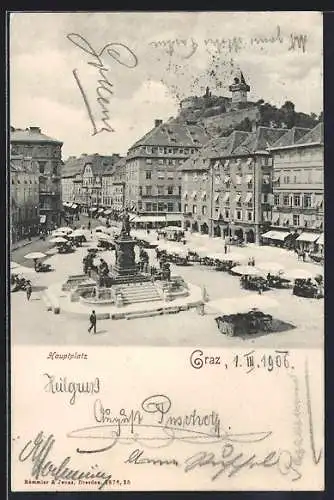 AK Graz, Hauptplatz mit Marktbetrieb aus der Vogelschau