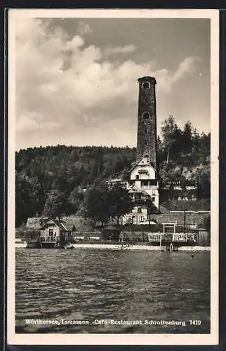 AK Klagenfurt /Wörthersee, Cafe-Restaurant Schrottenburg, Ansicht vom Wasser aus