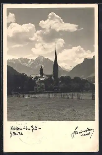 Foto-AK Hans Hruschka Nr.1363: Zell, Kirche mit Wolken