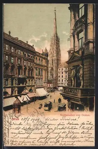 AK Wien, Stephanskirche vom Graben, Pferdebahn