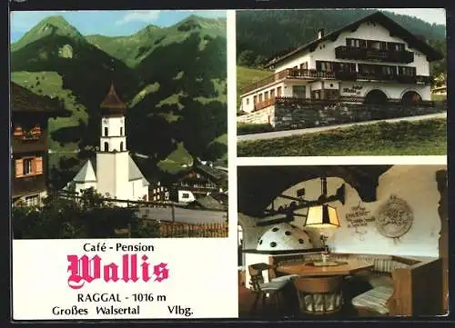 AK Raggal /Vlbg., Cafe-Pension Wallis Fam. Eller, Ortspartie mit Kirche