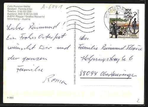 AK Raggal /Vlbg., Cafe-Pension Wallis Fam. Eller, Ortspartie mit Kirche