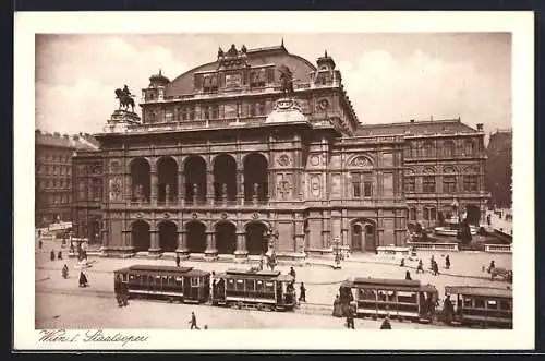 AK Wien, Ansicht Staatsoper mit Strassenbahn