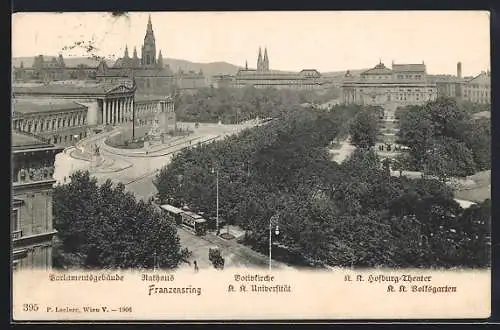 AK Wien, Franzensring, Panorama mit Parlament u. Votivkirche aus der Vogelschau, Strassenbahn