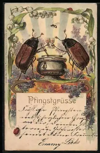 Lithographie Pfingstgrüsse, Maikäfer stossen an