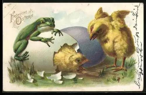 AK Joyeux Pâques, Frosch und Osterküken