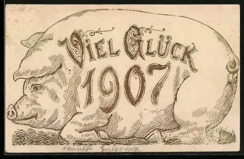 AK Dickes Glücksschwein, Viel Glück 1907, Neujahrsgruss