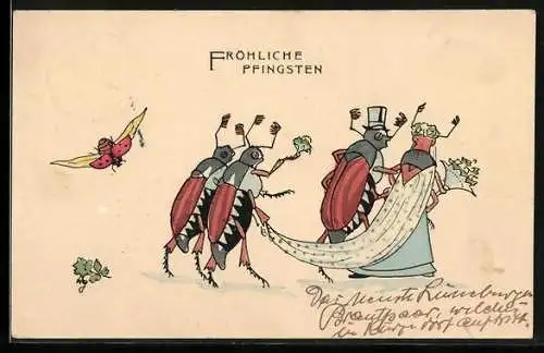 AK Maikäfer-Brautpaar mit Schleppenträger und Blumen, Fliegender Marienkäfer, Pfingstgruss