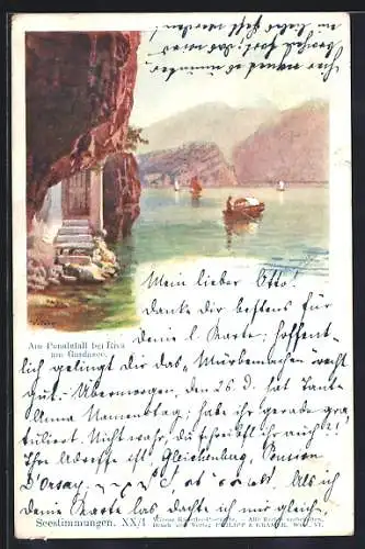 Künstler-AK Riva am Gardasee, Am Ponalefall, Seepartie mit Eingangstür im Felsen
