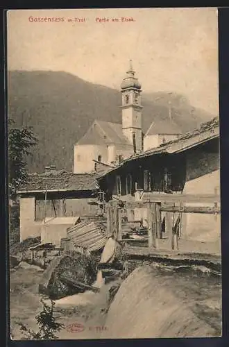 AK Gossensass in Tirol, Partie am Eisak mit Kirche