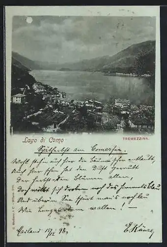 Mondschein-AK Tremezzina /Lago di Como, Teilansicht mit See- u. Bergblick aus der Vogelschau