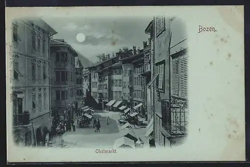 Mondschein-AK Bozen, Obstmarkt, Strassenpartie