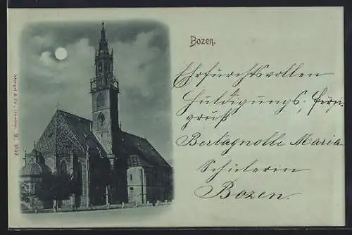 Mondschein-AK Bozen, Kirche, Gebäudeansicht