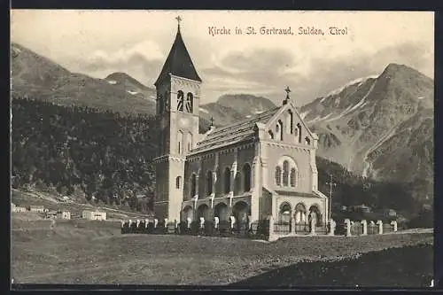 AK St. Gertraud /Sulden, Kirche mit Bergpanorama