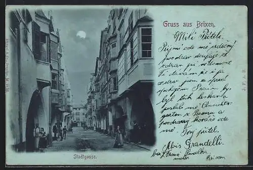 Mondschein-AK Brixen, Blick in die Stadtgasse