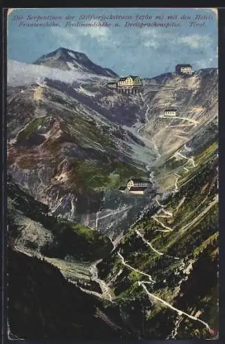 AK Franzenshöhe, Serpentinen der Stilfserjochstrasse mit den Hotels Franzenshöhe, Ferdinandshöhe und Dreisprachenspitze