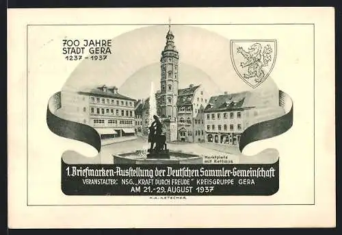 AK Gera, 1. Briefmarken-Ausstellung der Deutschen Sammler-Gemeinschaft 1937, 700 Jahre Stadt Gera, Ganzsache