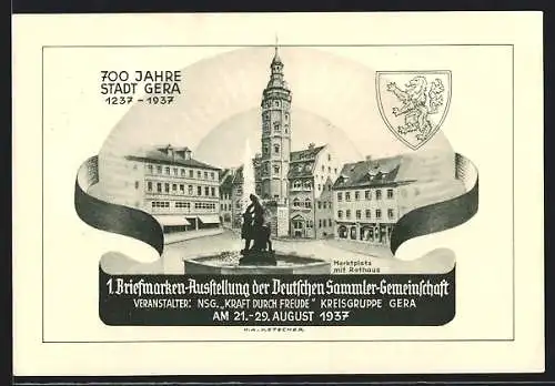 AK Gera, 1. Briefmarken-Ausstellung der Deutschen Sammler-Gemeinschaft 1937, 700 Jahre Stadt Gera, Ganzsache