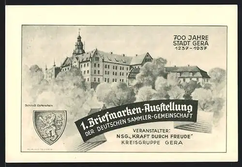 AK Gera, 1. Briefmarken-Ausstellung der Deutschen Sammler-Gemeinschaft 1937, 700 Jahre Stadt Gera, Ganzsache