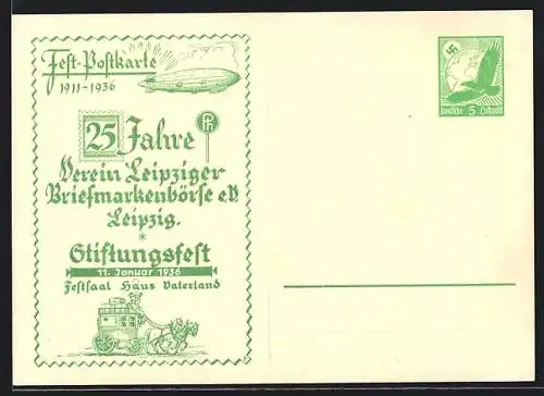 Künstler-AK Leipzig, 25 Jahre Verein Leipziger Briefmarkenbörse e. V., Stiftungsfest 1936, Ganzsache