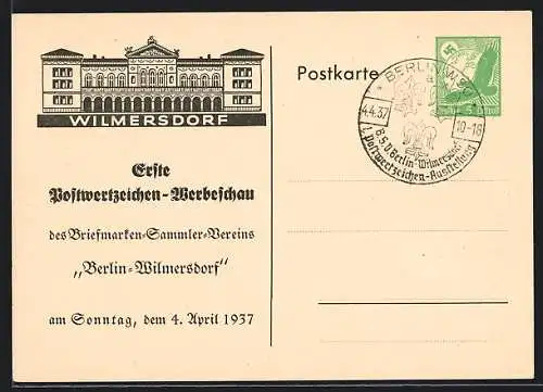 AK Berlin-Wilmersdorf, Erste Postwertzeichen-Werbeschau des Briefmarken-Sammler-Vereins 1937, Ganzsache
