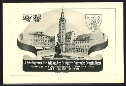 AK Gera, 1. Briefmarken-Ausstellung der Deutschen Sammler-Gemeinschaft 1937, 700 Jahre Stadt Gera, Ganzsache