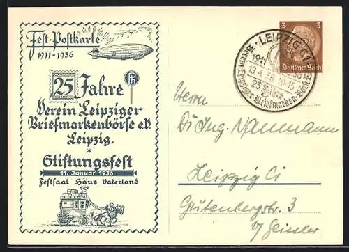 AK Leipzig, 25 Jahre Verein Leipziger Briefmarkenbörse e. V., Stiftungsfest 1936, Ganzsache