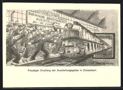 Künstler-AK Düsseldorf, Rheinische Briefmarken-Ausstellung 1936, Bahnhof mit einfahrendem Zug, Ganzsache