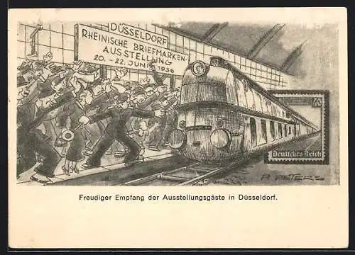 Künstler-AK Düsseldorf, Rheinische Briefmarken-Ausstellung 1936, Bahnhof mit Zug, Ganzsache