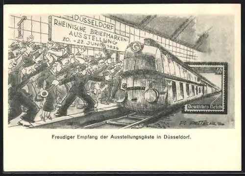 Künstler-AK Düsseldorf, Rheinische Briefmarken-Ausstellung 1936, Bahnhof mit Zug, Ganzsache