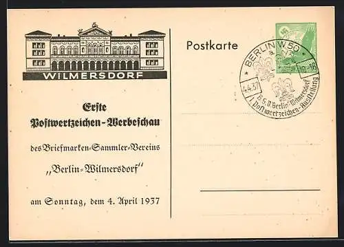 AK Berlin-Wilmersdorf, Erste Postwertzeichen-Werbeschau des Briefmarken-Sammler-Vereins 1937, Ganzsache