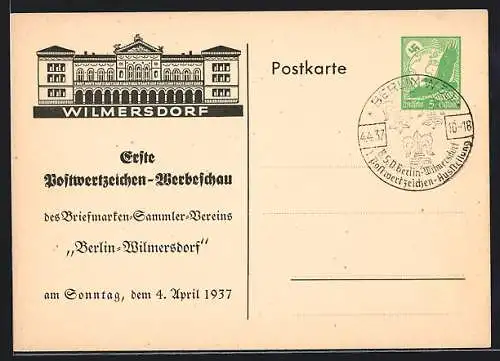 AK Berlin-Wilmersdorf, Erste Postwertzeichen-Werbeschau des Briefmarken-Sammler-Vereins 1937, Ganzsache