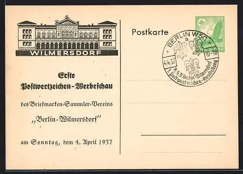 AK Berlin-Wilmersdorf, Erste Postwertzeichen-Werbeschau des Briefmarken-Sammler-Vereins 1937, Ganzsache