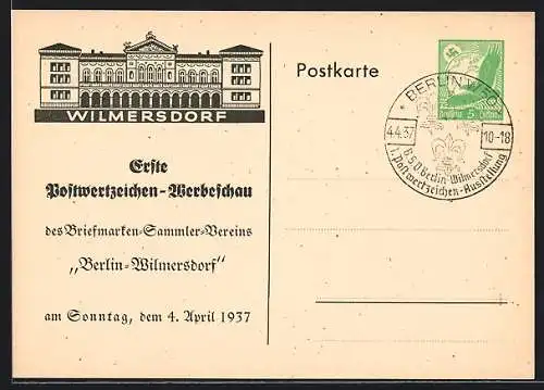 AK Berlin-Wilmersdorf, Erste Postwertzeichen-Werbeschau des Briefmarken-Sammler-Vereins 1937, Ganzsache